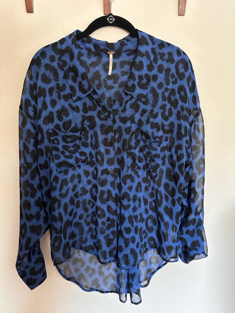 Free People Blue and Black Leopard Button-Down Shirt